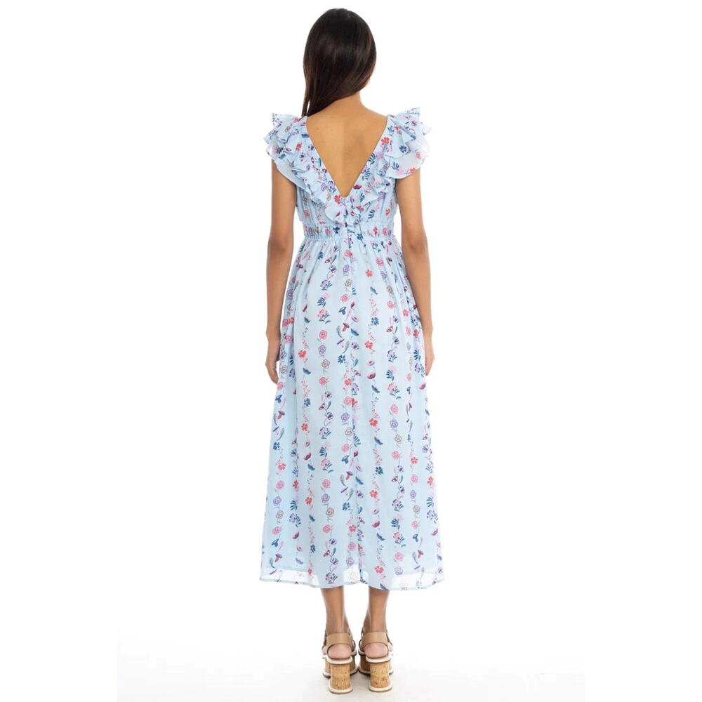 Banjanan Maya Dress Floral Misty Blue V-neck Midi Ruffle Cotton Sz XL - Picture 4 of 13